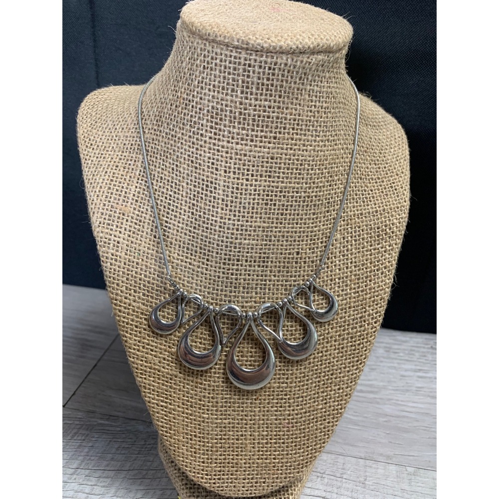 Silver Tone Open Teardrop Bib Necklace Snake Chain 16 Inch Adjustable